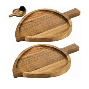 Set 2 Acacia Wood Serving Trays 11 Inch Rustic Leaf Shaped Solid Wooden Platters for Appetizer Food Decorative Wooden Plate
