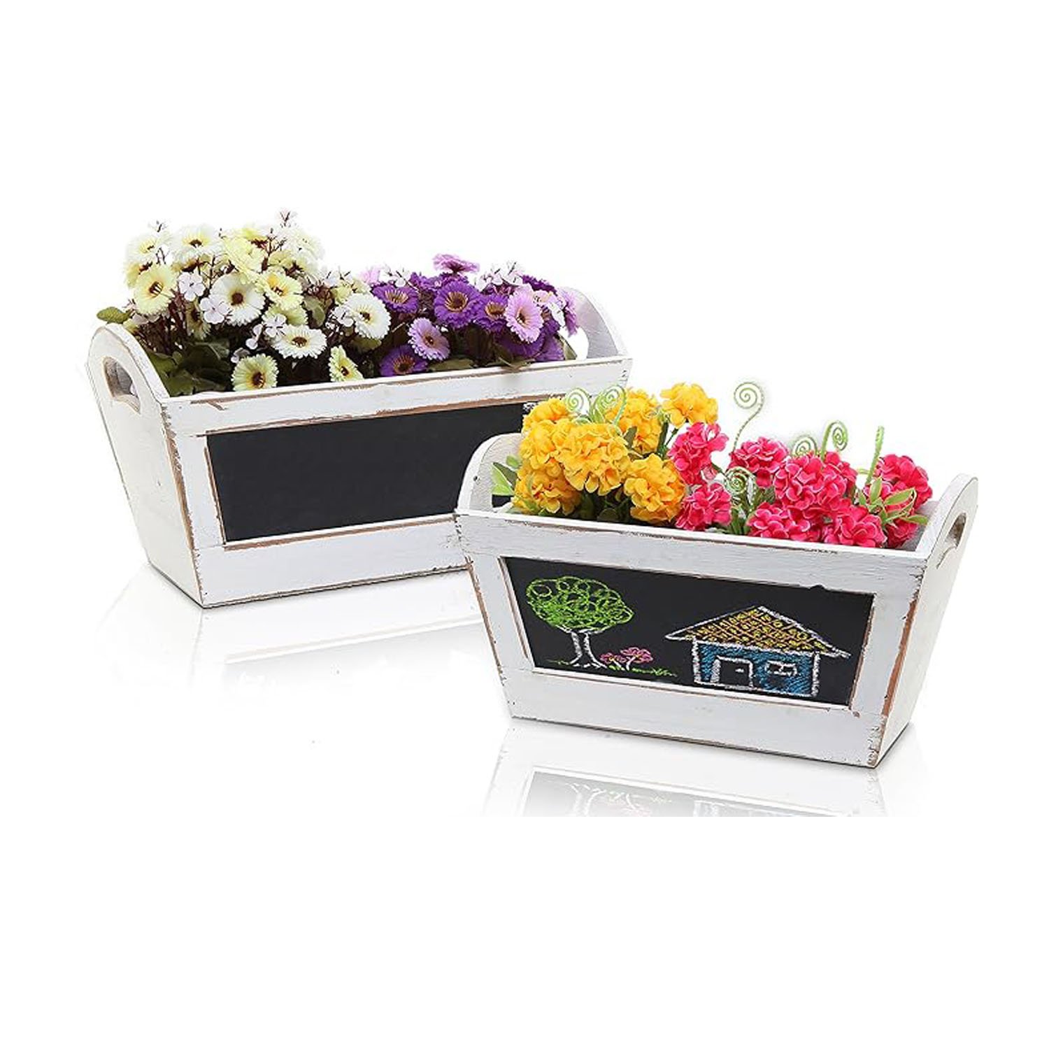 Vintage White Solid Wood Storage Boxes Cut Handles Small Nesting Organizer Crates for Crafts Toys Decorative Chalkboard Pane
