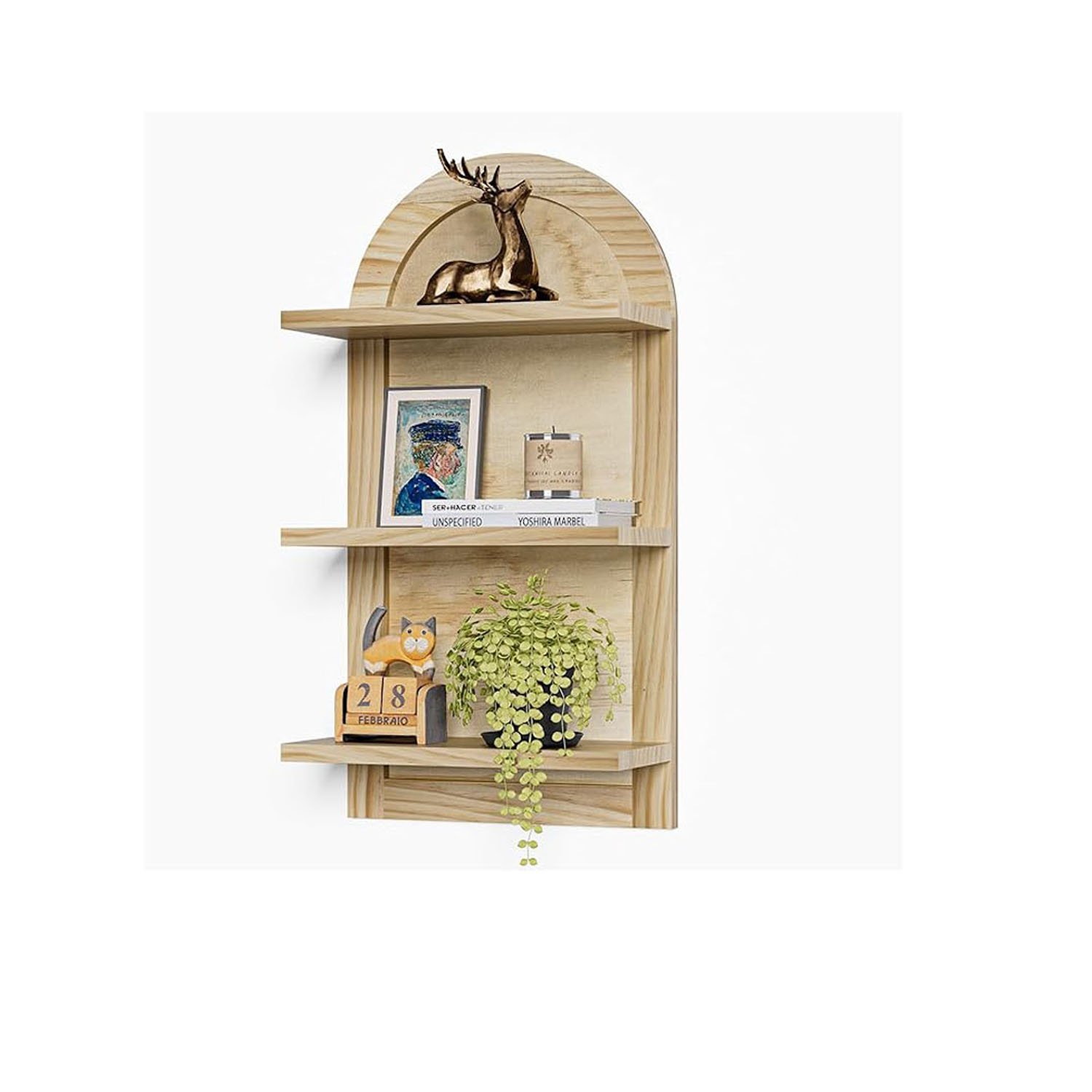 Natural Wood 3-Tier Floating Wall Shelves Modern Arch Design for Bedroom Nursery Kitchen Bathroom Living Room Storage Racks