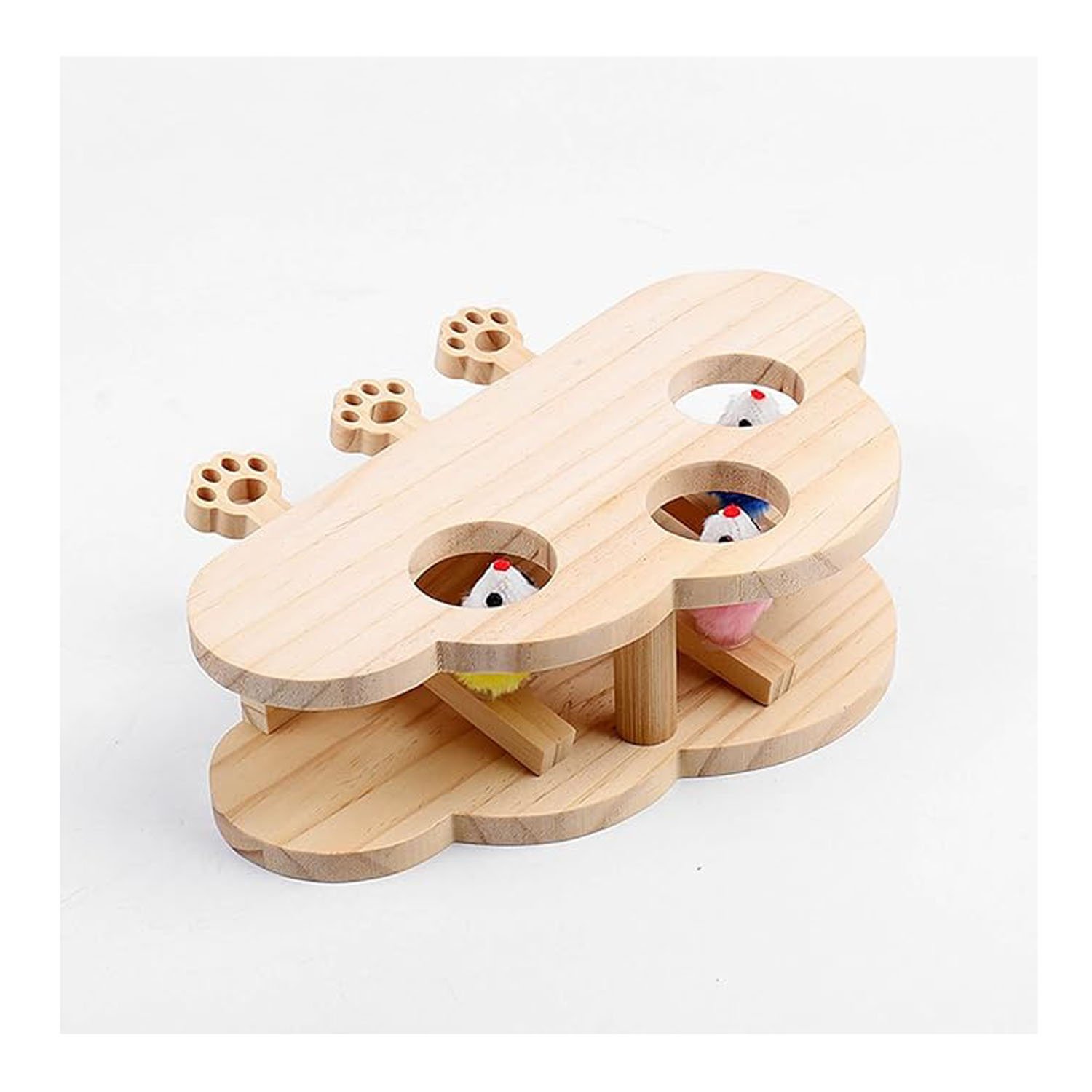 Solid Wood Interactive Cat Toy Whack Mole & Catch Mice Indoor Game 3 in 1 Scratcher Toy for Bored Cats Ground Pet Furniture