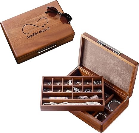 Divisible Wooden Jewelry Box Organizer Case for Necklaces Earrings Rings Bracelets-for Men and Women