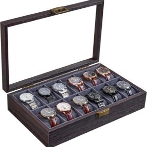 Wooden Watch Box-12 Slot Watch Box for Men Watch Storage, Organizer Watch Holder, Watch Display Case With Glass Lid -Espresso