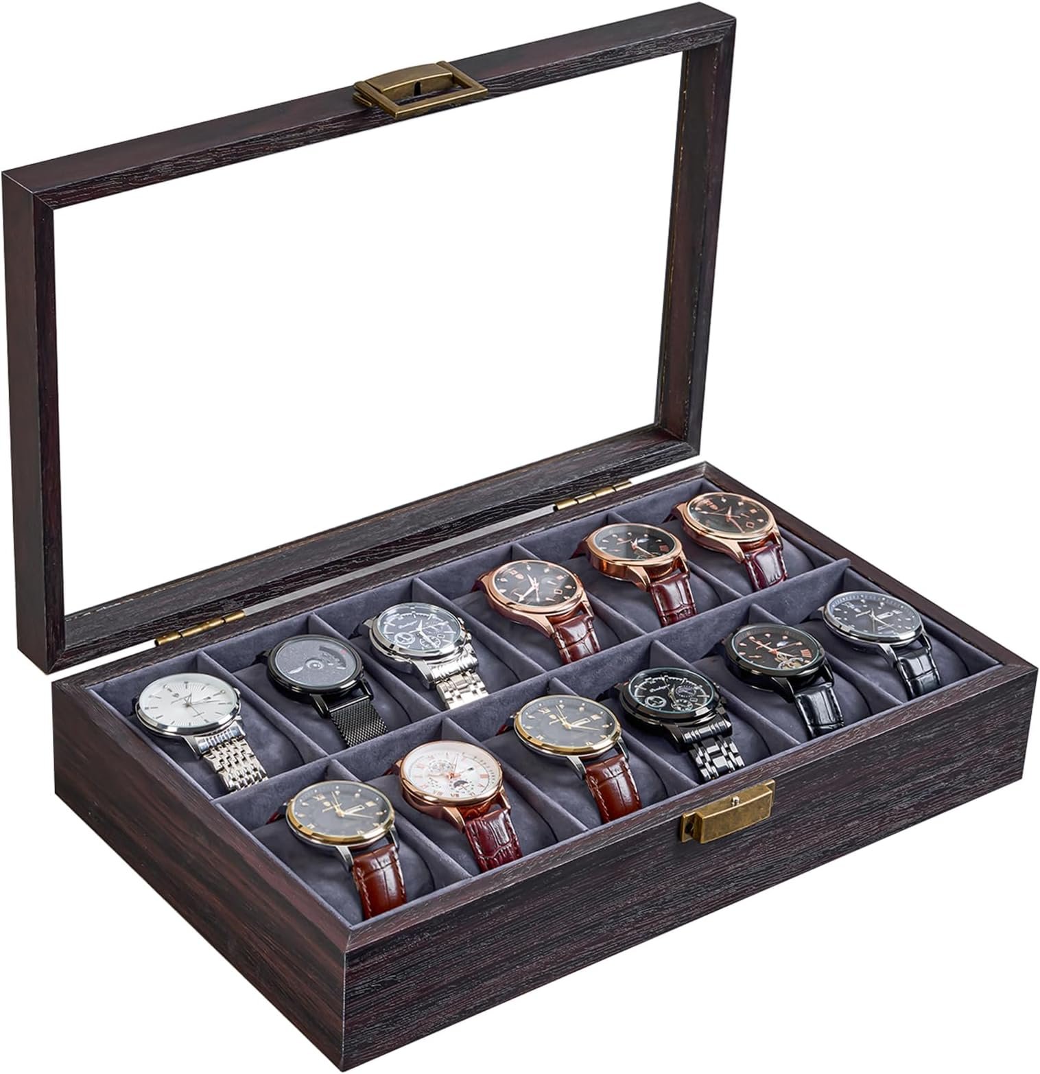 Wooden Watch Box-12 Slot Watch Box for Men Watch Storage, Organizer Watch Holder, Watch Display Case With Glass Lid -Espresso