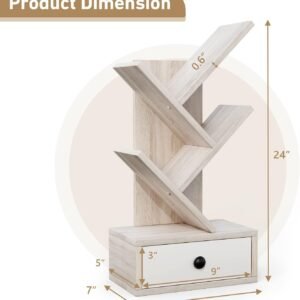 5-Tier Tree Bookshelf with Drawer - Kids Room Wooden Decorative Bookcase with Storage for CDs, Magazines, Books, Beige