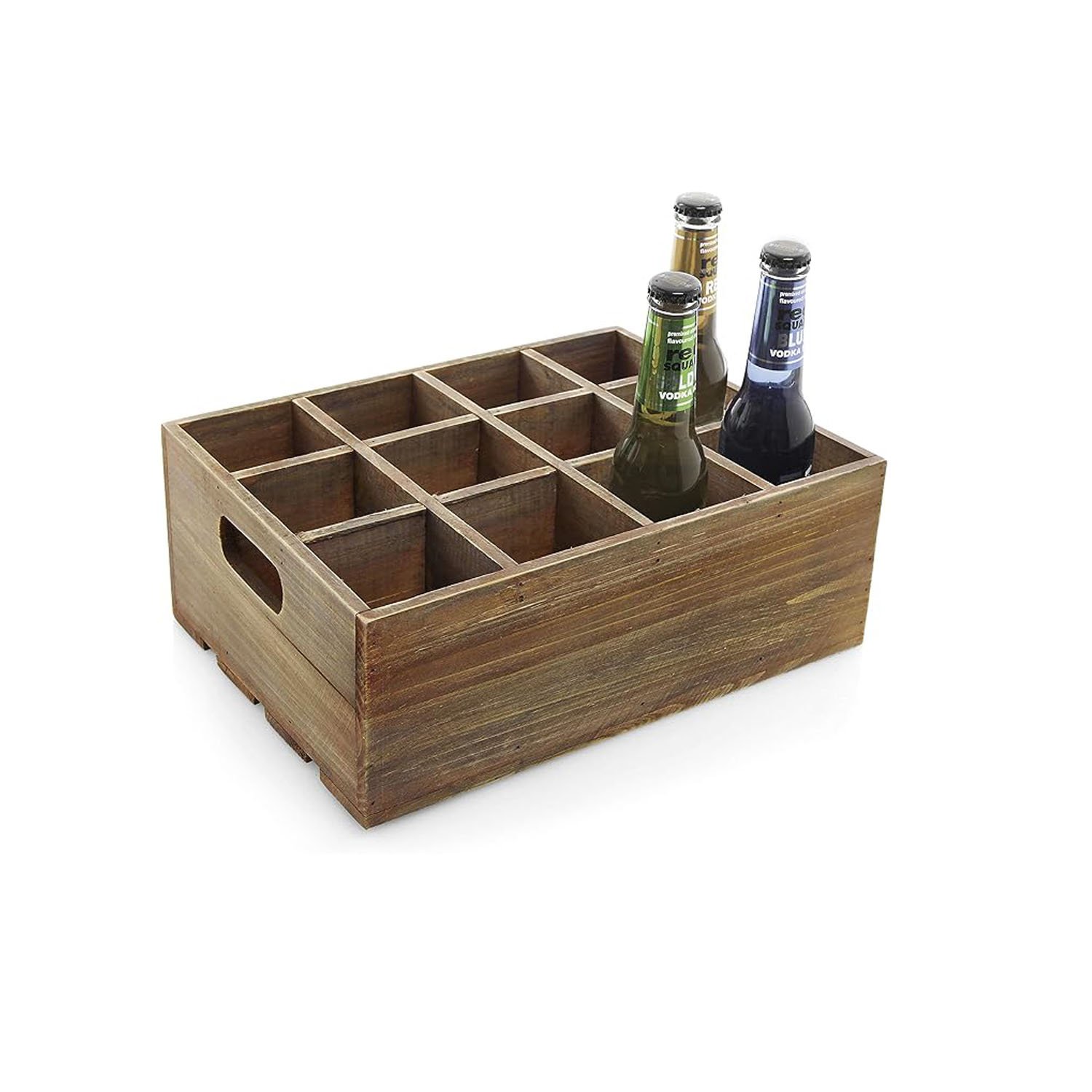 Rustic Brown Wooden Beer Holder Box 12 Individual Slots Bottle Storage Crate Carrying Handles for Beverages Serving Storage Bin