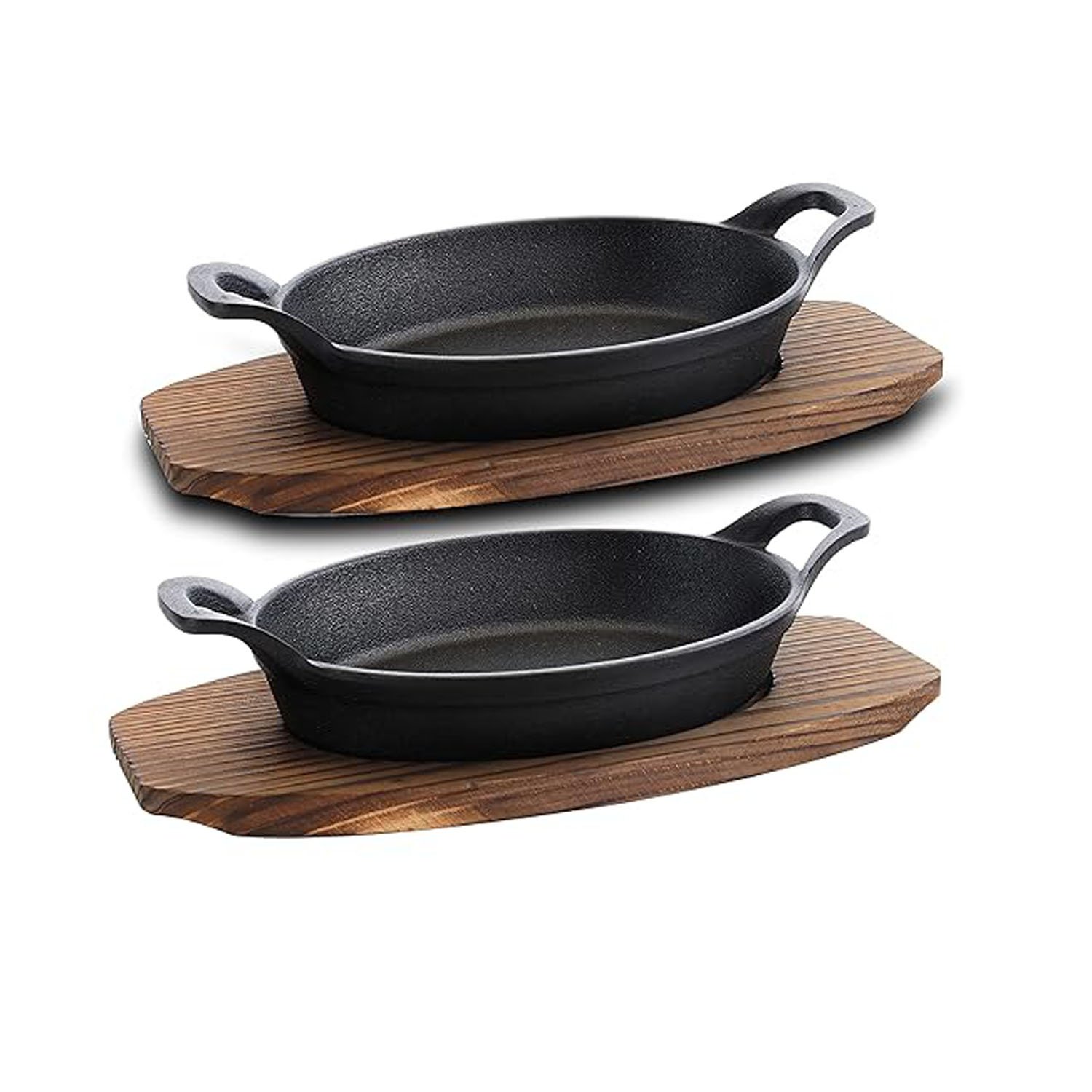 Mini Cast Iron Sizzler Plates Skillet Set 4 Oval Fajita Plate Wooden Base/Pan Tray for Serving Sizzling Dish Fajitas Hot Dish