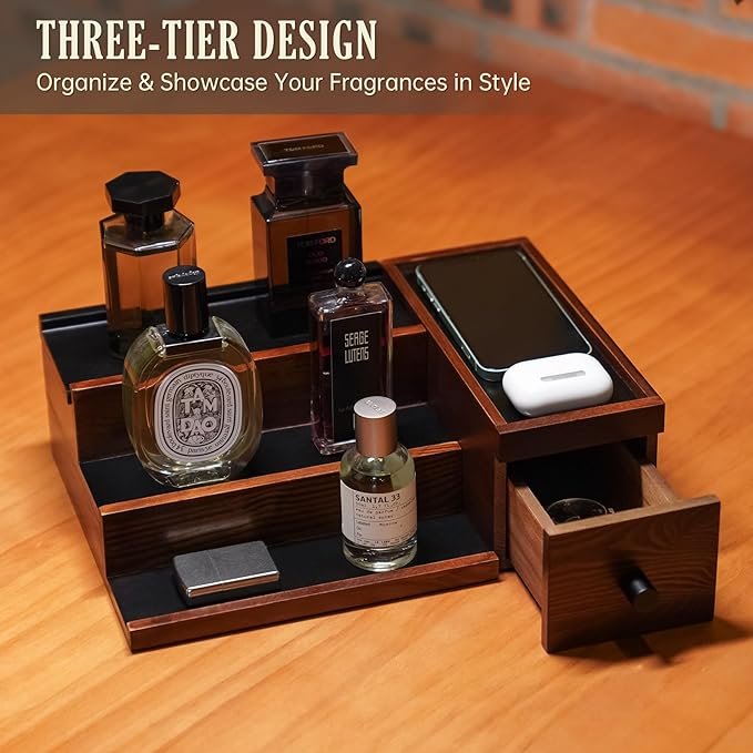 Handcrafted 3-Tier Solid Wood Cologne Organizer for Men Multi-Level Modern Gentleman's Accessory Storage Hidden Compartments