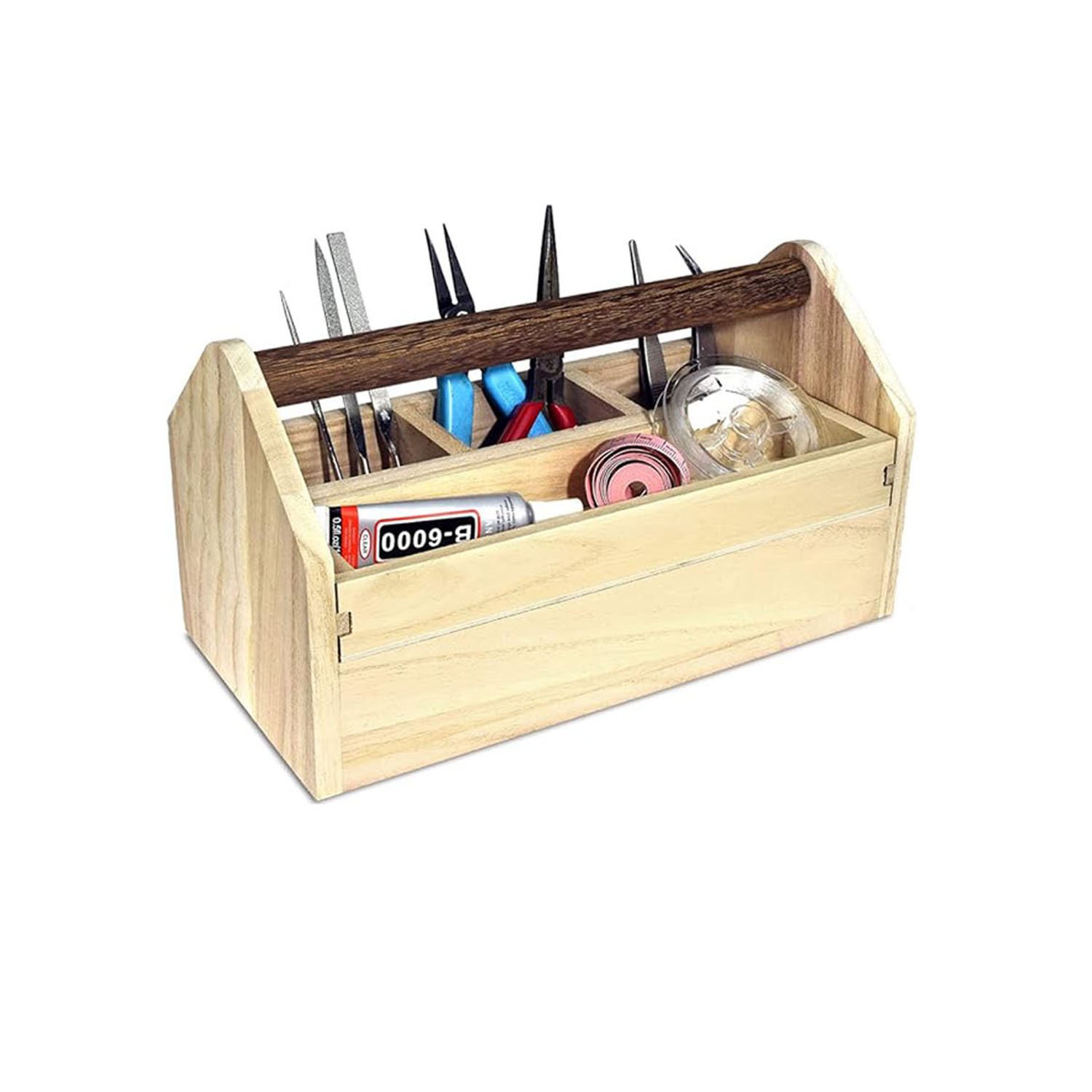 Small Natural Wood Color Wooden Craft Tool Box Caddy 5 Compartments Storage Organizing Makeup Collections Easy Storage Bin