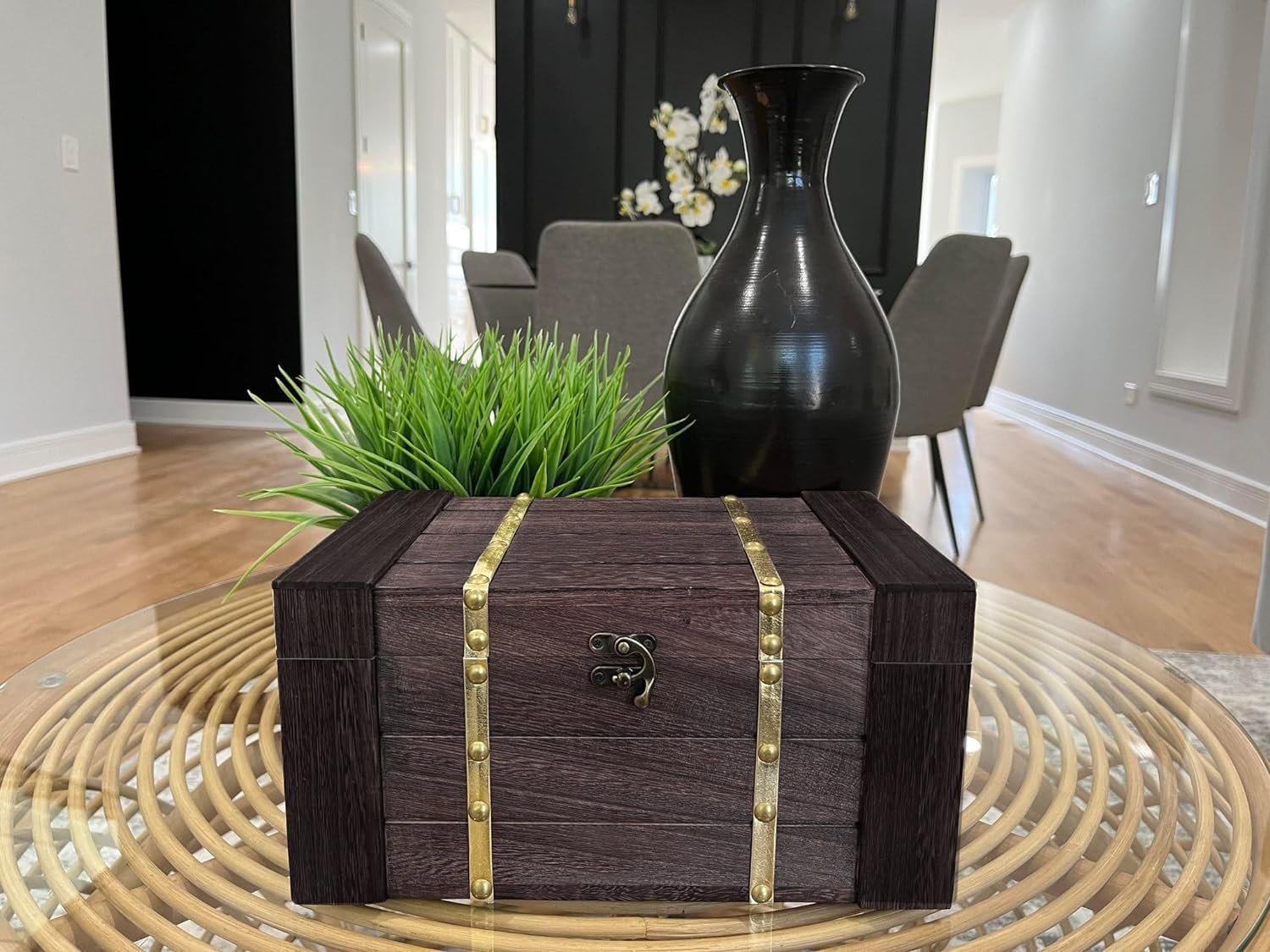 Wood and Leather Treasure Chest with Latch, Storage, Gift, Pirate Chest, Vintage Handmade Craft Box for Jewelry, and Home Decorations