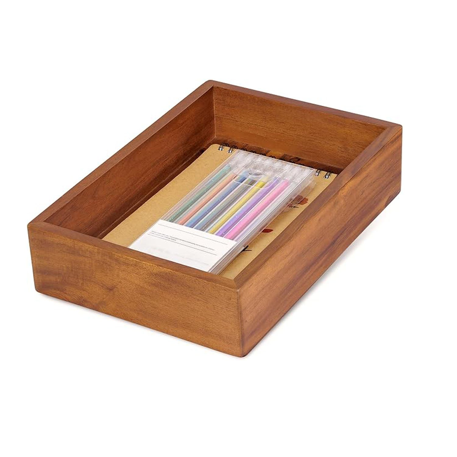9.5x6.7x2 Inch Wooden Desk Accessories Tray Office Workspace Organizer for Pens Business Cards Letter Storage Bathroom Holder