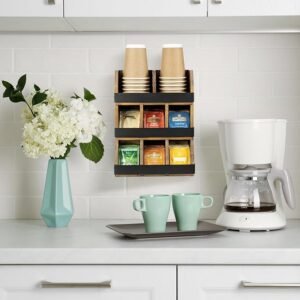 Tea Bag Organizer Rack, Wall Mounted or Tabletop Rustic Burnt Wood and Matte Black Metal Tea Storage Holder