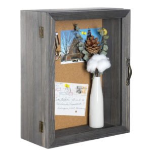 Shadowbox Frame Door- Wood Wall Mounted Shadow Box Frame Cabinet with Cork Board Backing and Acrylic Paneled Cursive Hinged Door