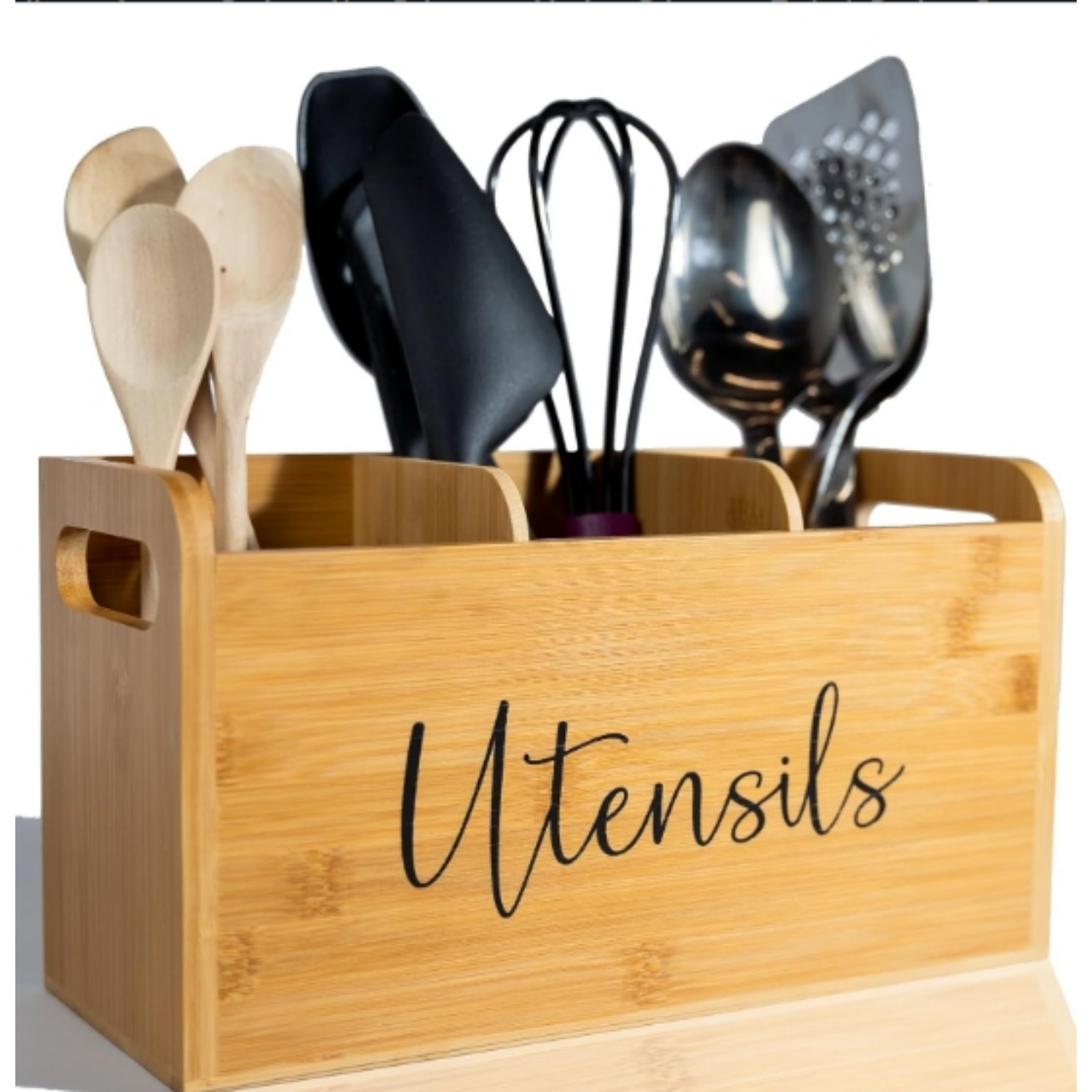 Premium Kitchen Utensil Holder with 3 Compartments, Wooden Utensil Organizer for Kitchen Countertop