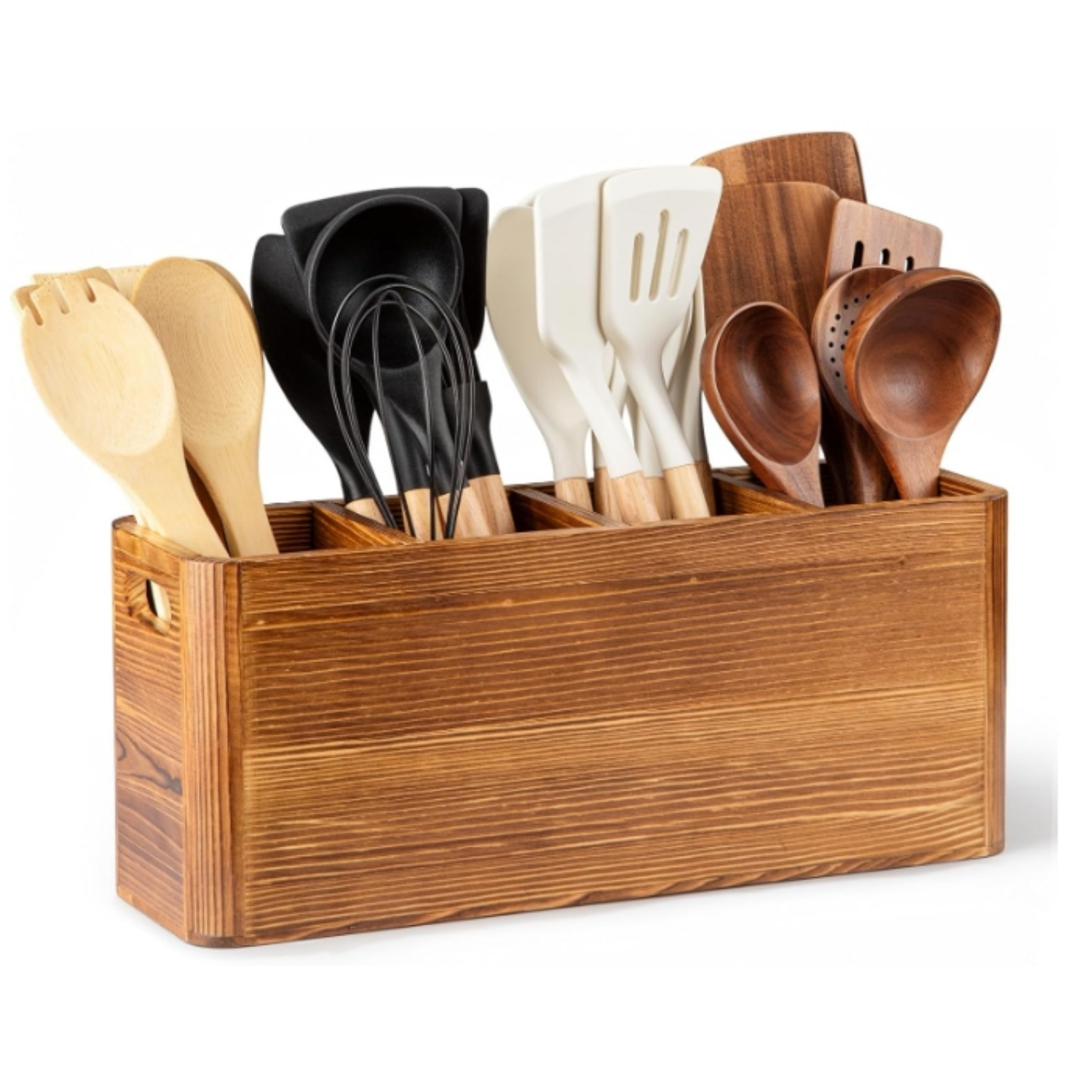 Extra Large Farmhouse Utensil Holder for Kitchen Counter, Large Wooden Utensil Holder with 4 Compartments
