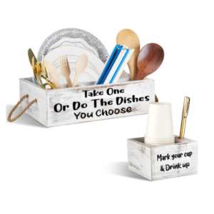 Kitchen Utensil Holder Kit, 1 Kitchen Countertop Plate Holder and 1 Large Cup Organizer, Wooden Utensil Caddy Organizer