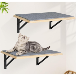 Cat Wall Shelves Set of 2, Wood Cat Shelves for Wall, Cat Wall Bed Hammock with Scratching Pad, Cat Climbing Shelf for Sleeping Playing