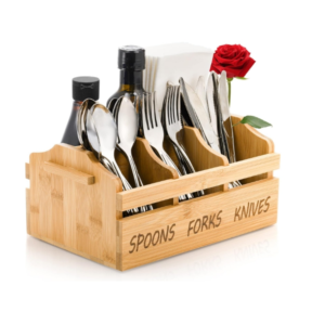 Silverware Holder Caddy, 4 Compartments Wooden Utensil Holder Flatware with Handle, Bamboo Cutlery Holder Organizer Containers for Party
