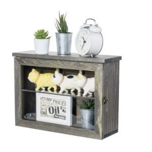 Professional Vintage Gray Solid Wood Display Case, Hanging Shadow Box Metal Latch and Acrylic Shelf