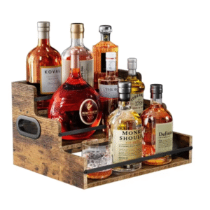 Liquor Bottle Display Shelf Countertop 3 Step Wood Coffee Syrup Organizer with Handle Fence