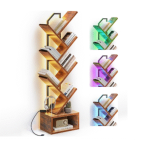 Narrow Floor Standing Bookcase Tall Steel & Wood Book Organizer Shelf with Cabinet