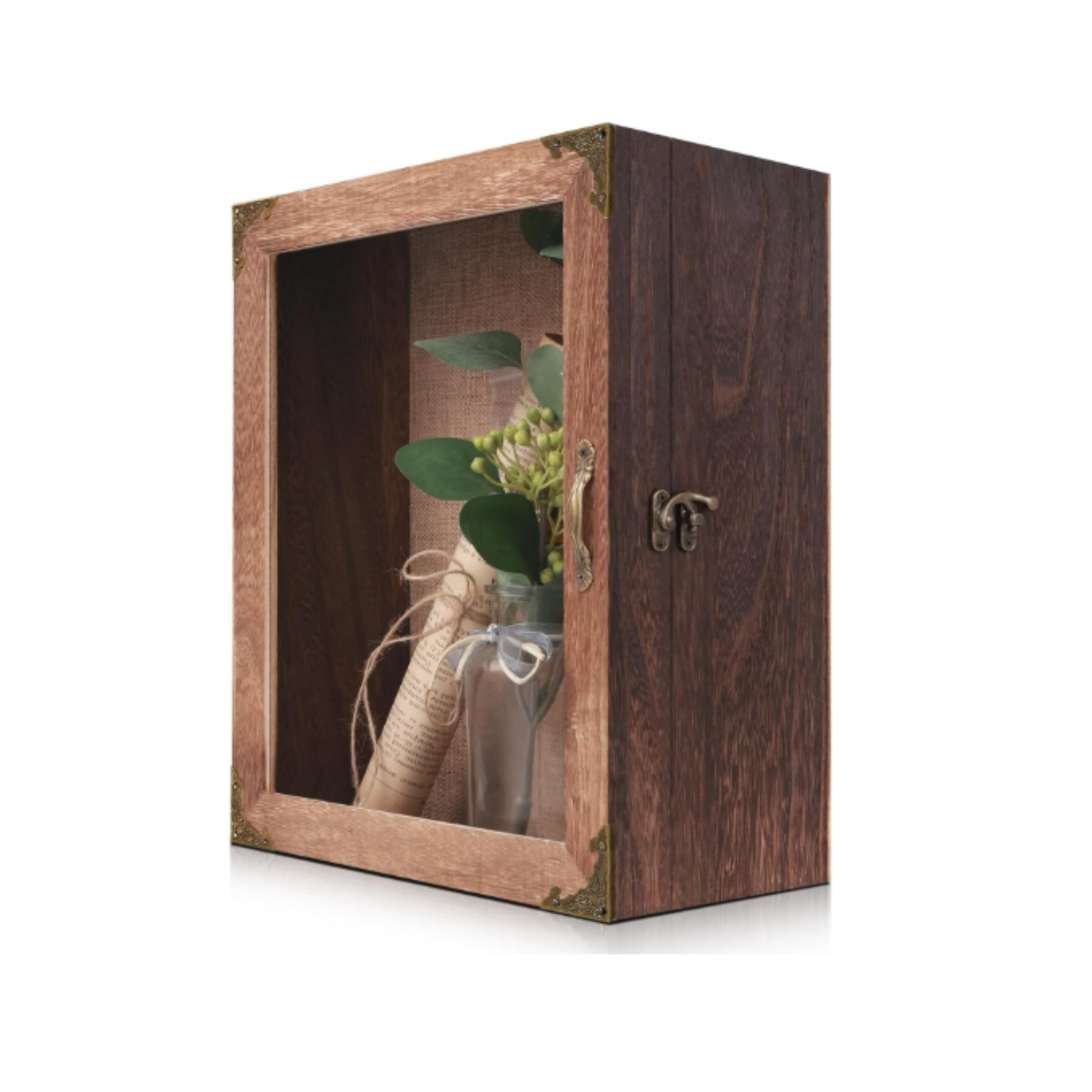 Shadow Boxes Display Cases, Rustic Burnt Wood, Vintage Metal Accents, Acrylic Door, Metal Handle