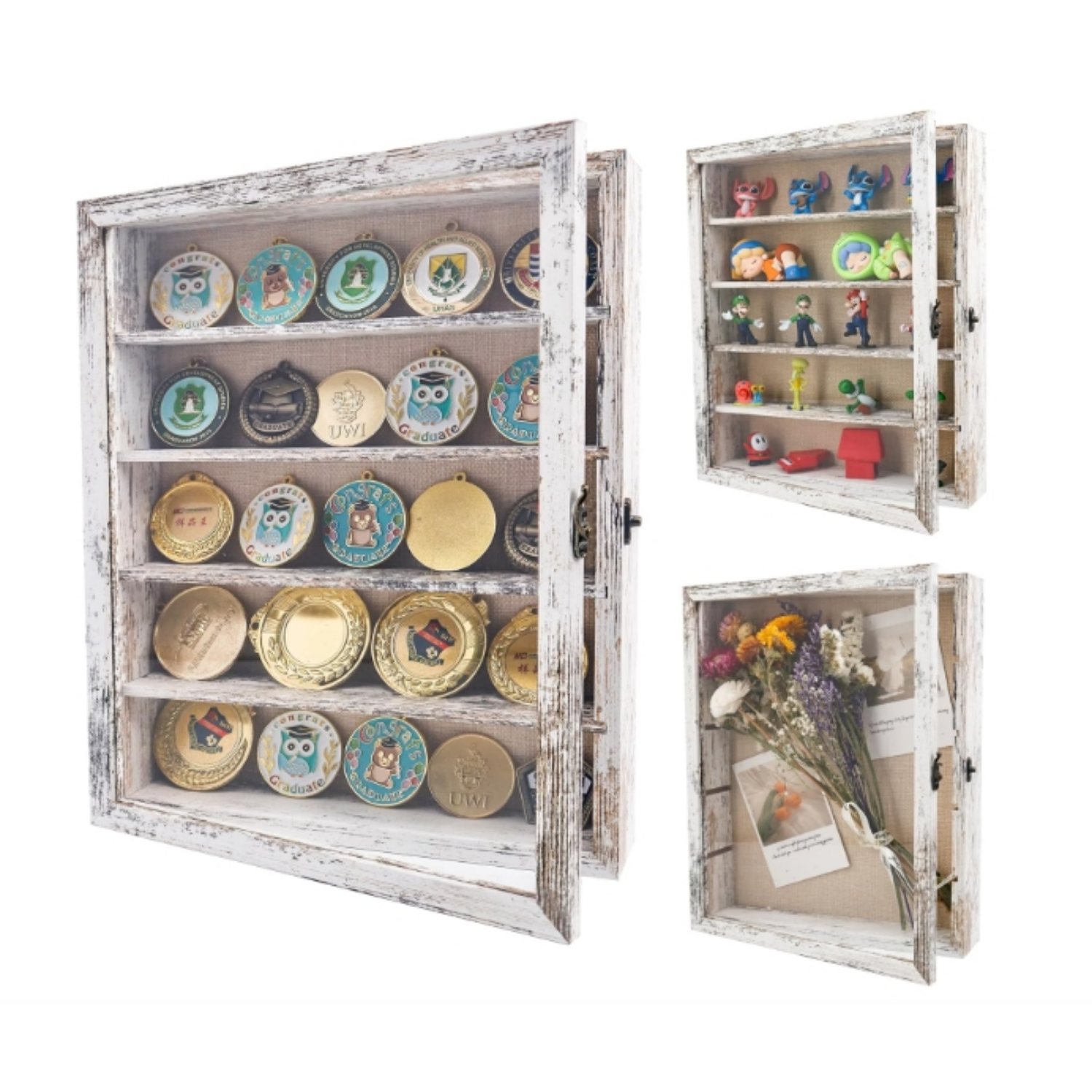 Wooden Shadow Box Frame with Removable Shelves Deep Display Case  Medals Keepsakes White