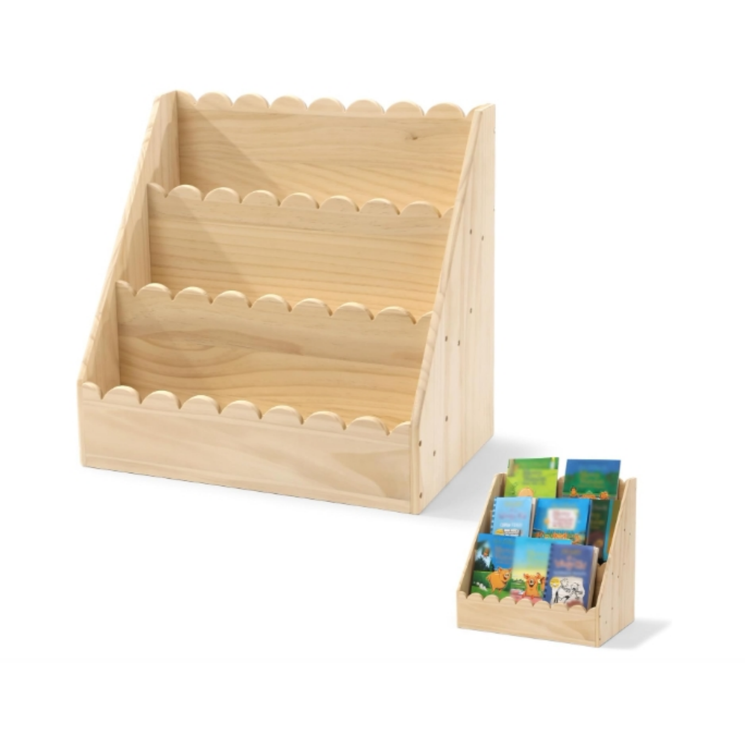 Scalloped Book Shelf for Kids 3-Tier Wooden Bookshelf Perfect Height for 1-5 Years Toddler Durable Bookcase Book Organizer