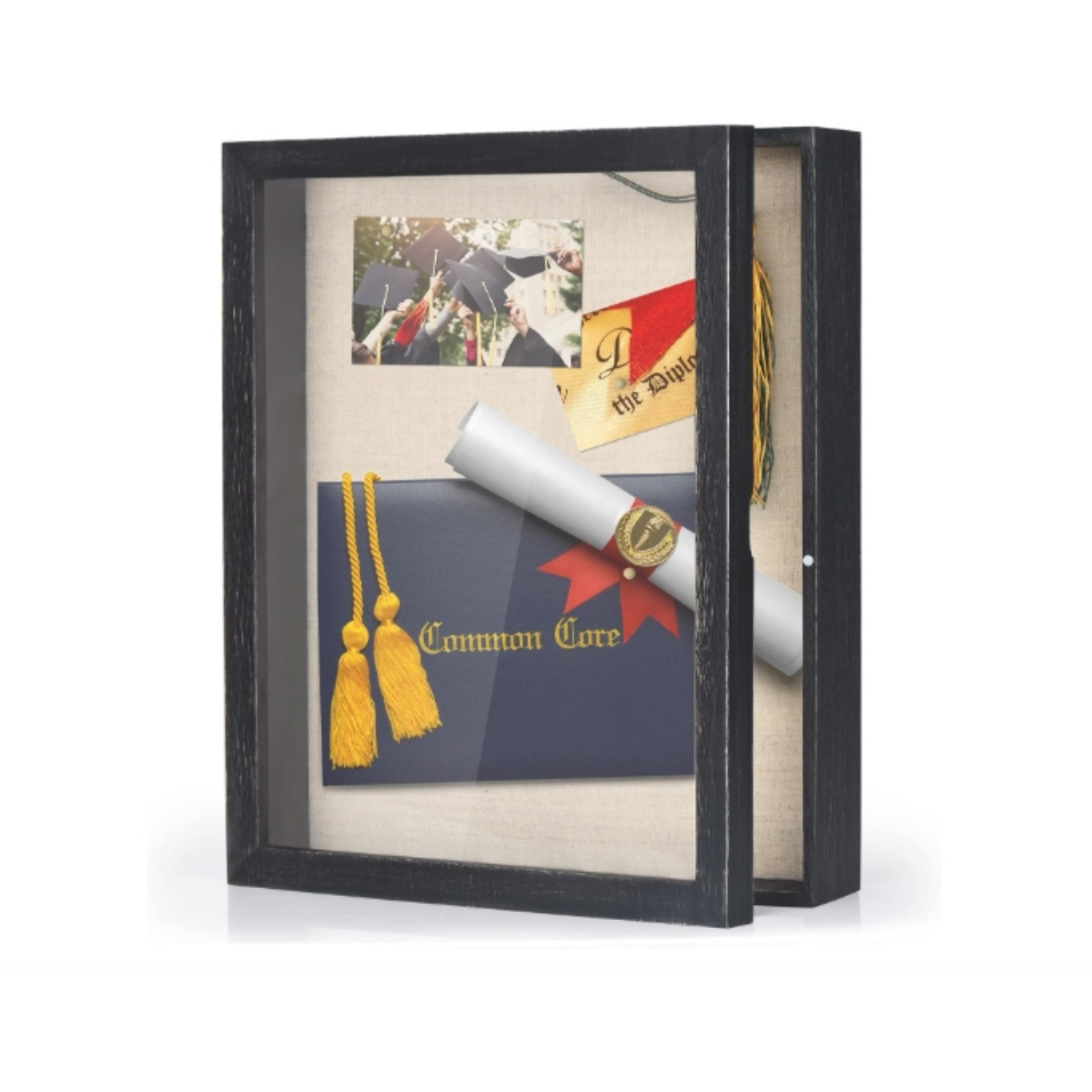 Shadow Box Display Case with Linen Back Rustic Wood Memory Box for Awards Medals Photos Pictures Gift Rustic Black