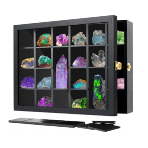 Adjustable Rock Display Case Wall Mounted, Crystal Collection Box with Shelves, Wooden Rock Collection Box for Kid