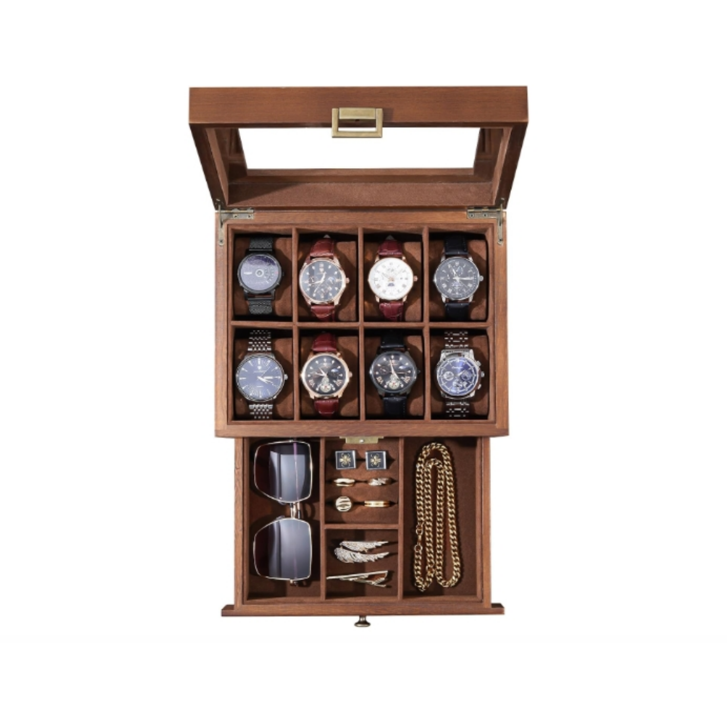 Wooden Watch Case, 8 Slot Mens Watch Box with Drawer, 2-Layer Mens Jewelry Box Storage Holder Organizer Display Case