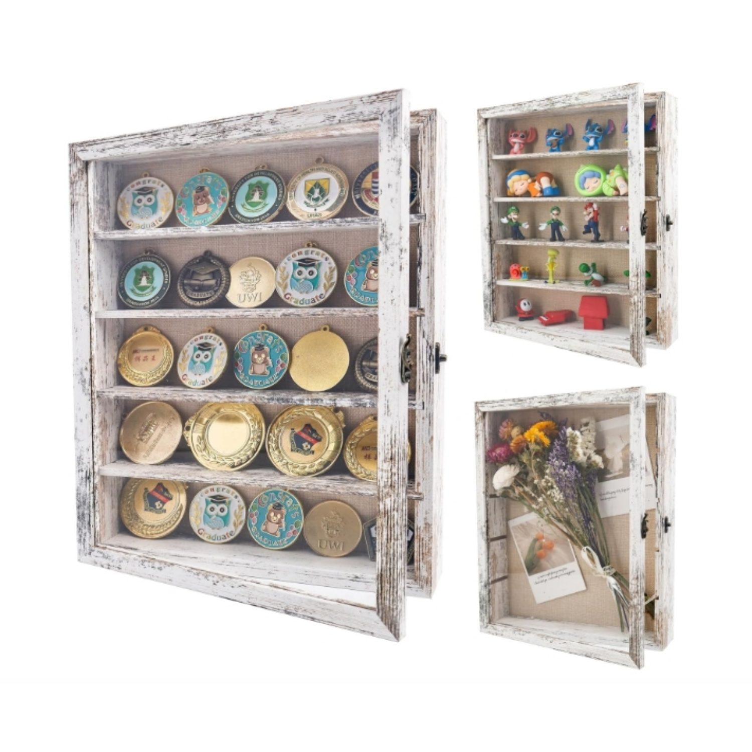 Shadow Box Frame with Drawer and Soft Line Back, Wooden Display Case Memory Box Real Glass for Keepsakes Collections