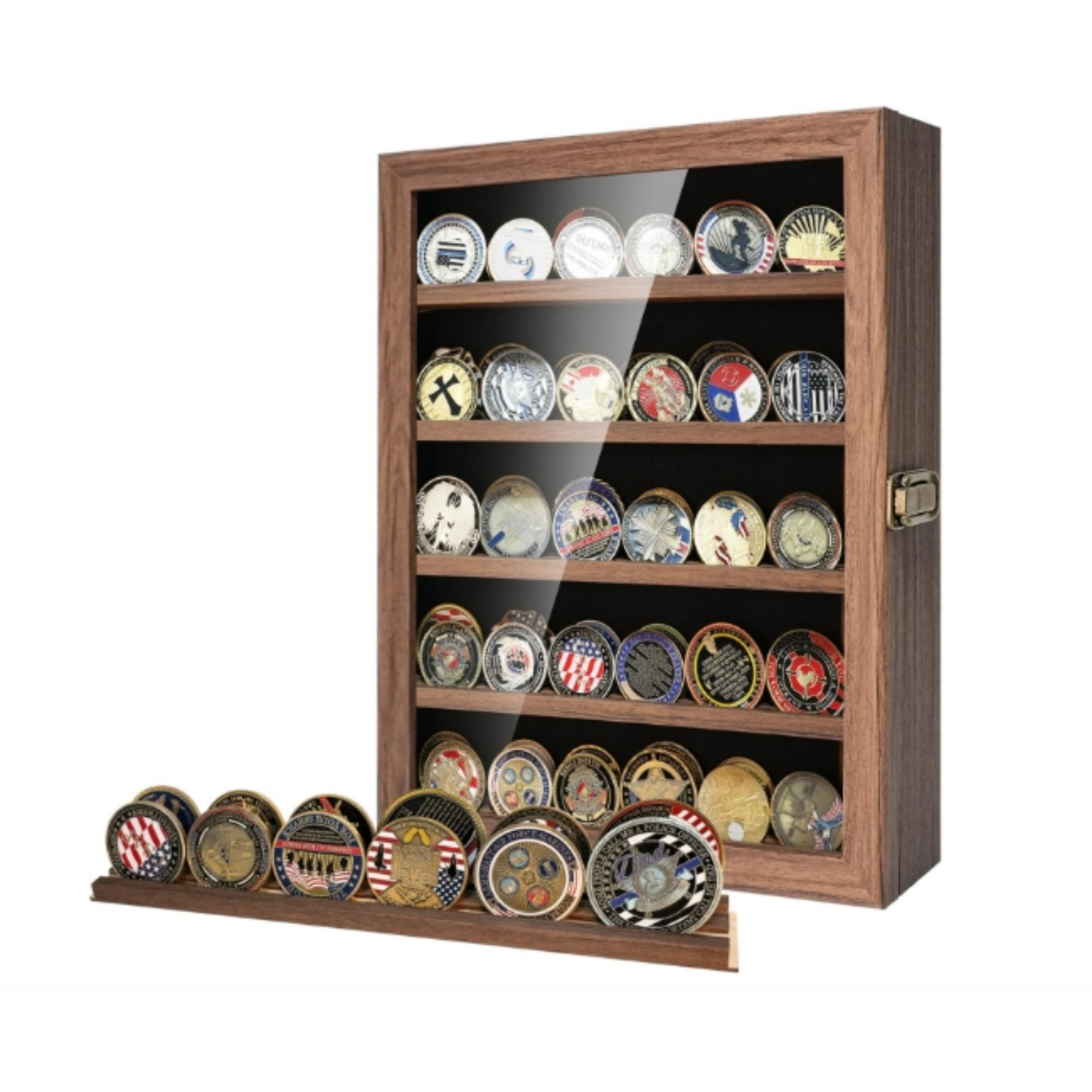 Challenge Coin Display Case Holder with HD Toughened Glass and Wall Mount, Wooden Coin Stand Rack