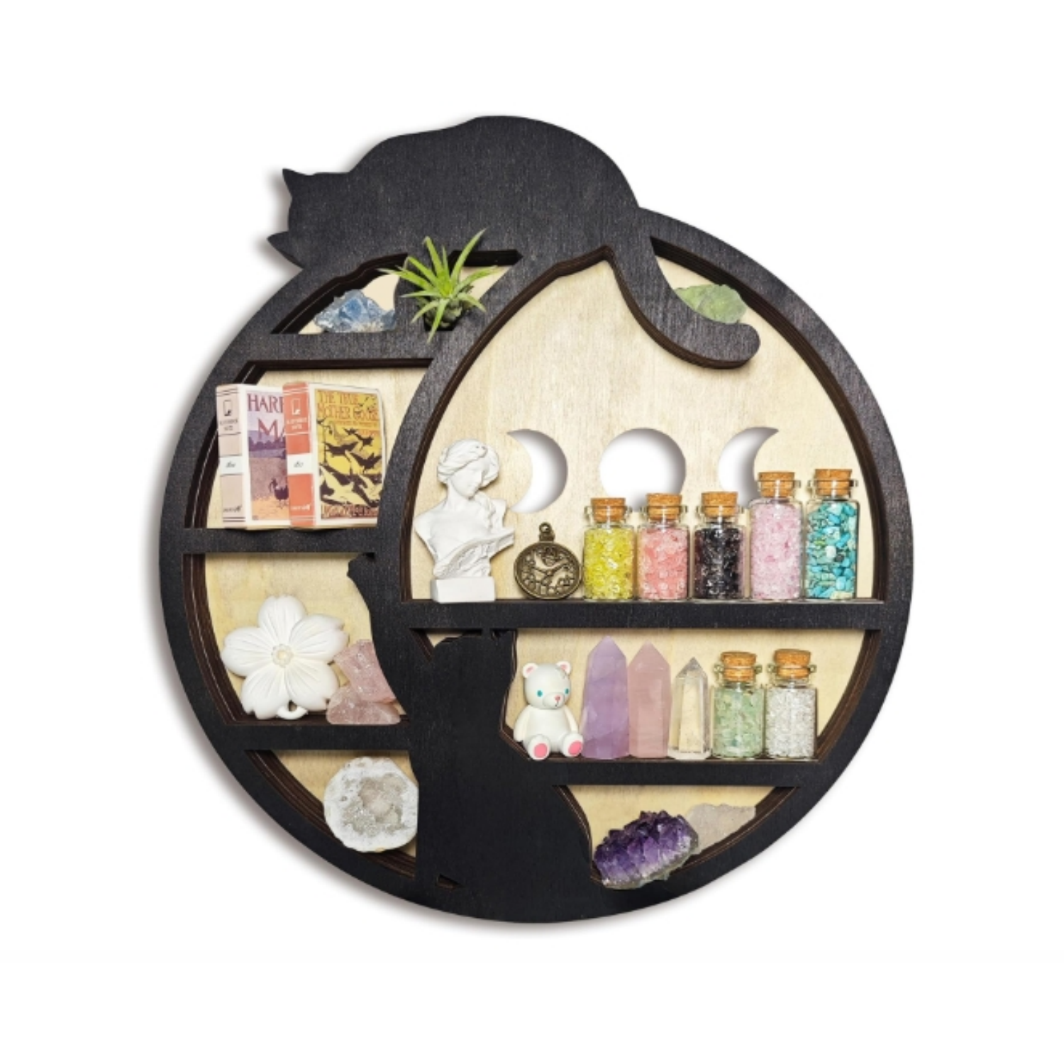 The Moon Crystal Display Shelf, Wooden Hanging Floating Shelf, Crescent Moon Phase Shelf Stones Essential Oil Organizer Rock Storage