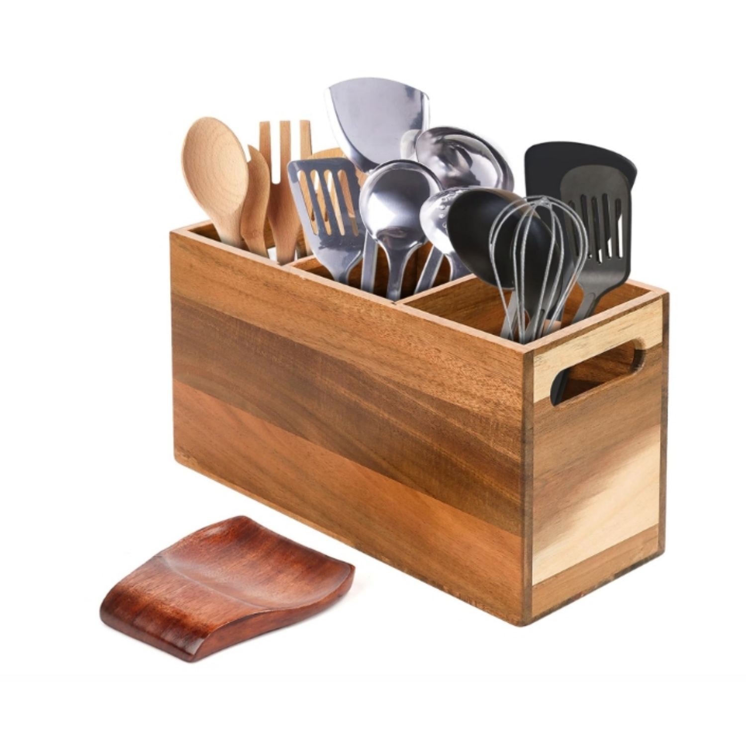 Wooden Utensil Holder for Kitchen Counter with Spoon Rest Acacia Wood Utensil Organizer for Countertop