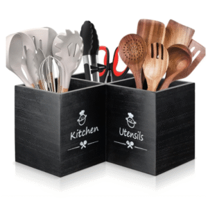 Wooden Kitchen Utensils Holder with 3 Compartments Large Wooden Large Utensil Caddy Organizer