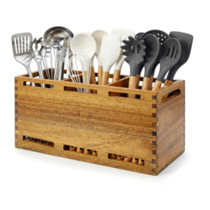 Large Utensil Holders for Kitchen Counter with 3 Compartments Wooden Utensil Organizer for Counter