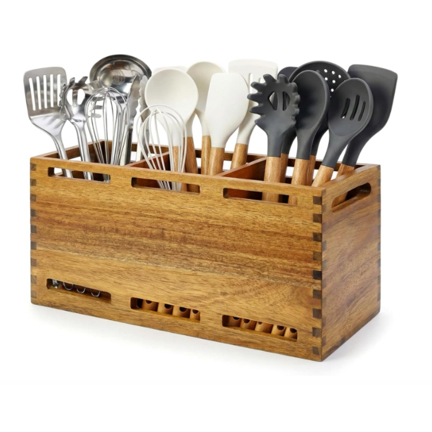 Large Utensil Holders for Kitchen Counter with 3 Compartments Wooden Utensil Organizer for Counter