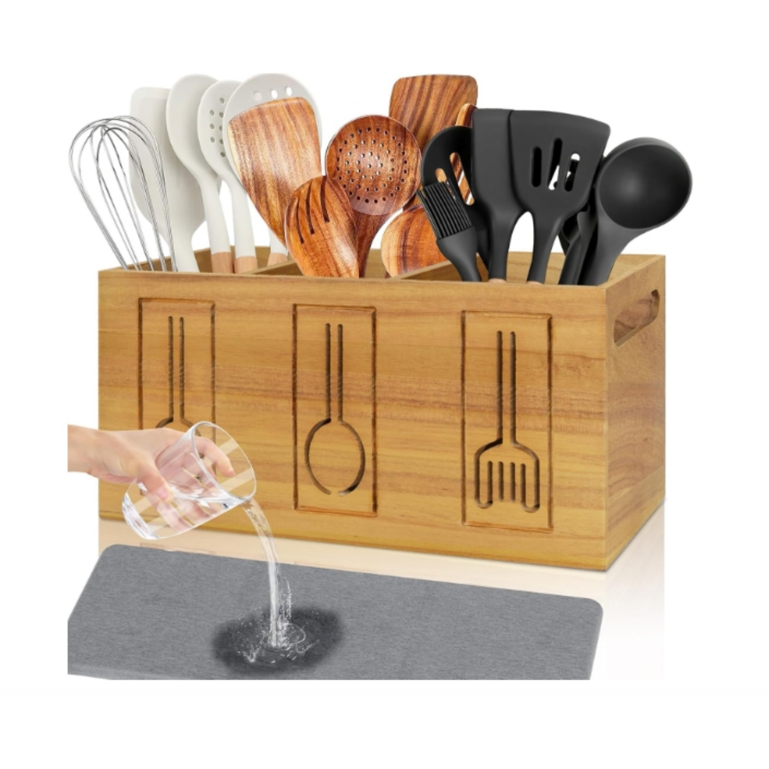 Large Utensil Holders for Kitchen Counter with 3 Compartments Wooden Utensil Organizer for Counter
