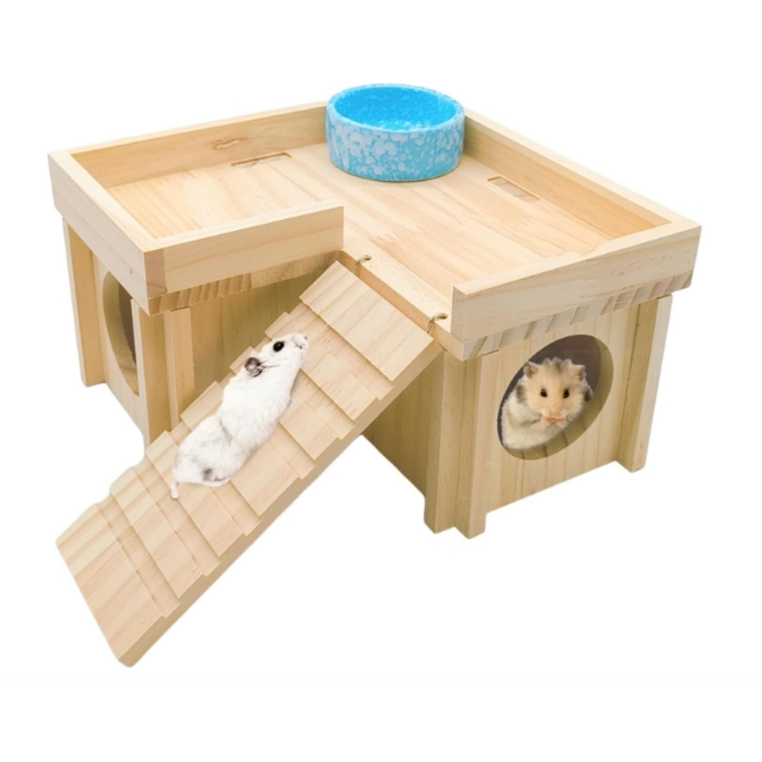 Wood Hideout House with Stairs and Window Small Animal Bed Hut Habitats