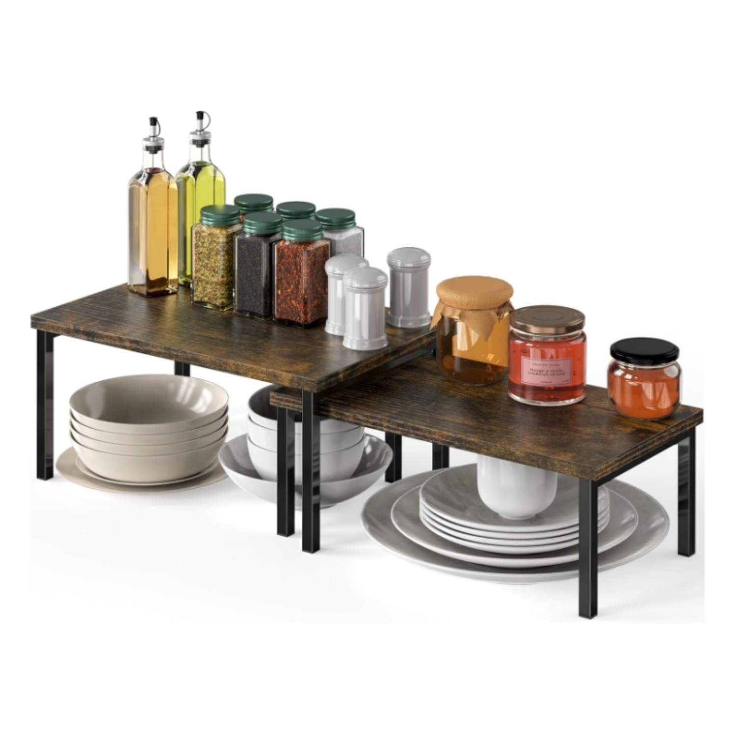 Simple Houseware Expandable Stackable Cabinet and Counter Shelf Organizer with Wooden Surface